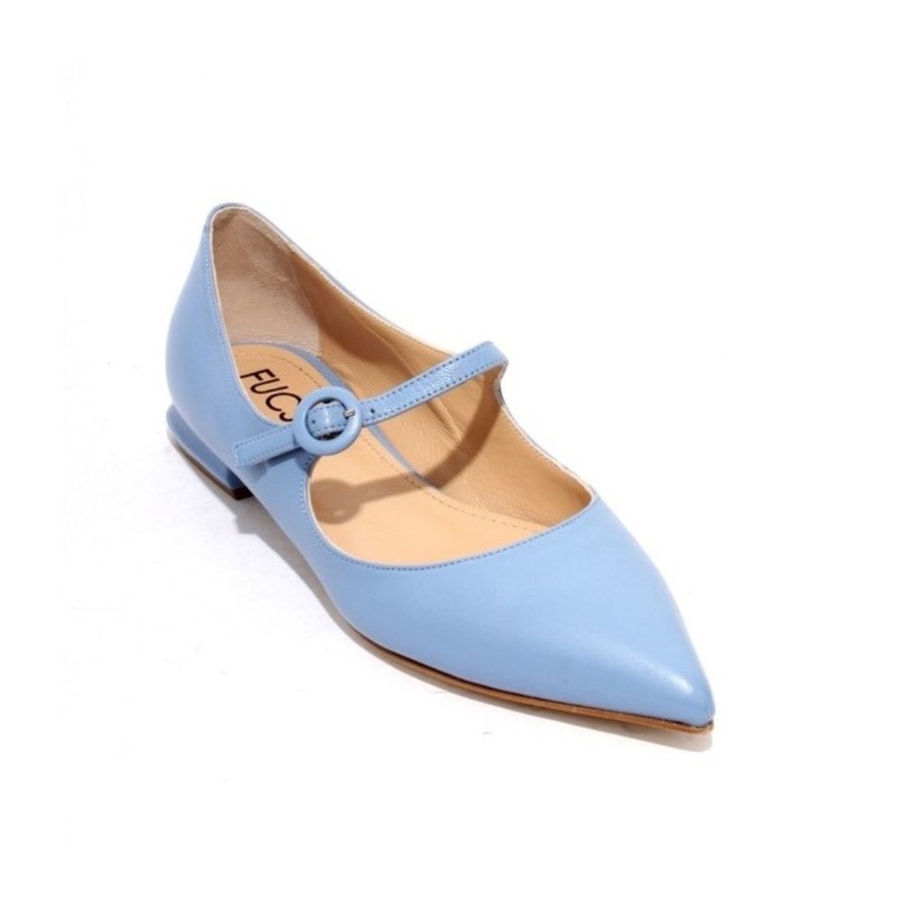 Fucsia 617c Sky Blue Leather Buckle Pointy Flat Shoe